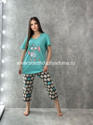 Пижама с бриджами "Сова" бирюза